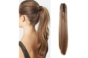 SILK-CO Postiche Queue de Cheval Raide Ponytail Extension Synthétique Attaché Par Pince Queue de Cheval Cheveux Faux A Pince 21 Pouces, Marron Clair