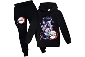 Yumenam Ragazze e Ragazzi Demon Slayer Felpa con Cappuccio e Pantaloni 2 Pezzi Tuta Set Tanjirou Nezuko Stampato Casual Pullover + Nero Pantaloni Abbigliamento Sportivo