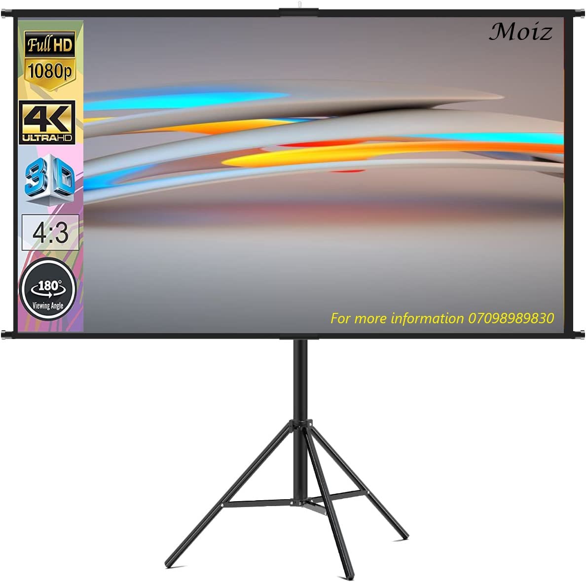 MOIZ Cineview 6 x 4 Feet Tripod Projector Screen Full HD 1080P UHD-3D-4K Technology 84 Inch Diagonal 4:3 Ratio Comes with Stand(White)