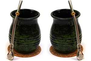 MATE GREEN Zestaw kubków do herbaty Mate dla dwóch | ceramiczny kubek do herbaty yerba mate Roches 360 ml | Stalowa słomka do picia Bombilla z pierścieniem chłodzącym ze stali szlachetnej | podkładka korkowa |