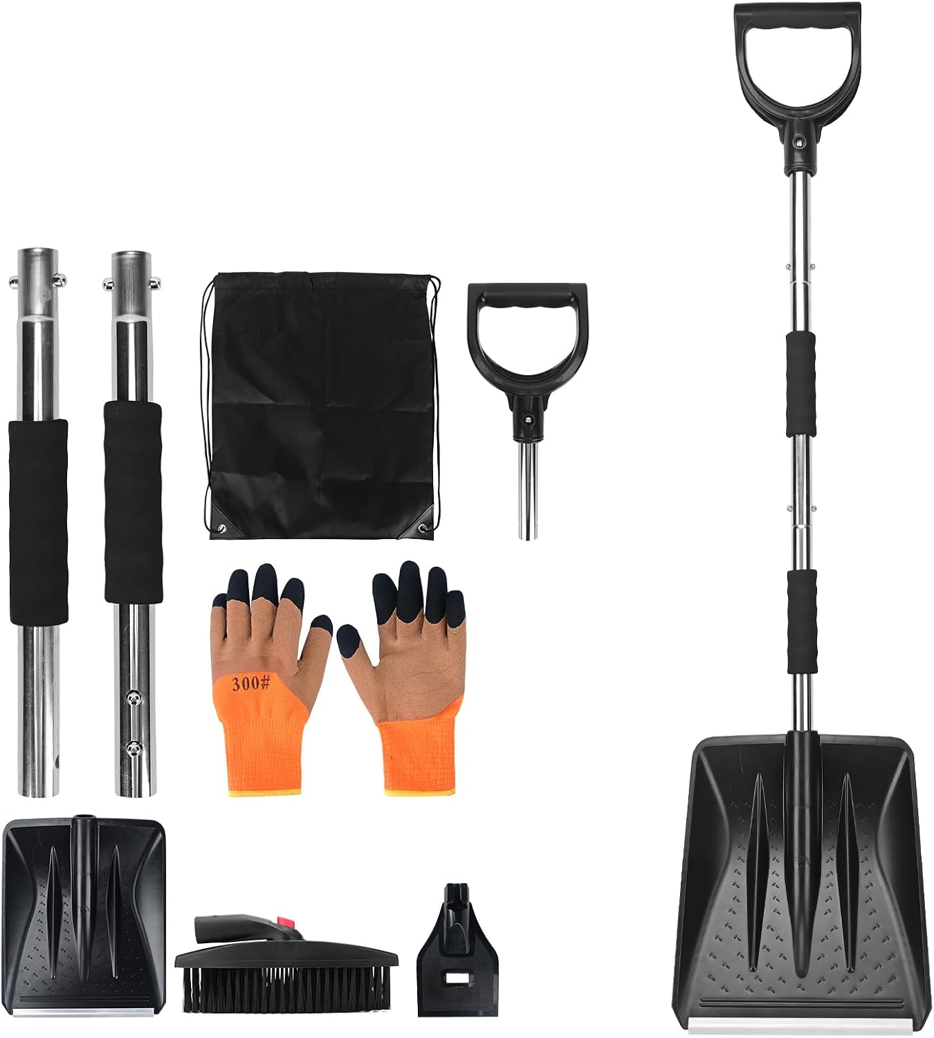 COVVY Kit de Pala de Nieve 3 en 1, Retráctil Con Raspador de Hielo y Cepillo Para Entrada de Coche, Incluye Bolsa de Almacenamiento y Guantes (Plateado)