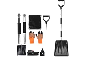 COVVY Zestaw łopat do śniegu 3 w 1, wysuwana łopata do śniegu ze skrobaczką do lodu i szczotką do śniegu do lodu, śniegu, piasku na podjazd samochodowy, z torbą do przechowywania i rękawiczkami