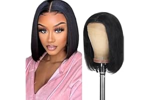 Creuost 4x4 Short Bob wig Human Hair 1b Natural Black Color 150% Dichte Straight Wear and Go Glueless Pre Cut Lace Frontal Human Hair For Women 14 Inch