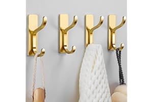 pickpiff Gold Self Adhesive Hooks for Hanging - Heavy Duty Stick On (Holds 6KG), Wall Door Hooks for Towel, Coats, Bags, Purse, Keys - for Bathroom, Kitchen - Stainless, Metal, 4 Pack
