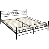 tectake Double Bed, Sturdy Steel Frame with Wooden Slats, Bedroom Furniture, Full Bed, Durable, Easy to Clean, Bed Frame &ndash; 18