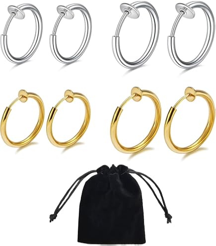 4 Paia Di Clip Per Orecchie A Molla Senza Foro, Orecchini Finti A Cerchio In Acciaio Inox Ipoallergenico, Per Naso, Labbra, Orecchie, Unisex, Regalo Punk - 5