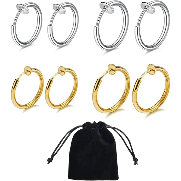 Orecchini finti a cerchio,4 Paia,non forati,per naso,labbro,Orecchini Finti in Acciaio Inossidabile Orecchini Magnetici Calamita Orecchini Senza Buco Uomo Donna Orecchini Clip(10mm 12mm