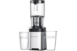 ‎AMZCHEF AMZCHEF Entsafter Gemüse und Obst Testsieger - Entsafter Slow Juicer mit Rückwärts-Kau-Funktion - Zartes Zerkleinern ohne Filtern - Saftpresse Elektrisch mit Bürste und 2 Tassen - Weiß
