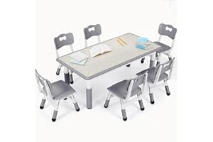 Clevich Children's Table with 6 Chairs, Children's Table and Chair Set for Kindergarten and Children's Room, Height-Adjustable Children's Table Group, Plastic Children's Furniture