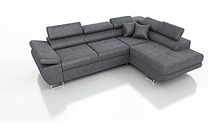 ROBIN INSPIRE Robin Saturn Premium Kingston Divano ad angolo con funzione di letto con cassetto per la biancheria e cuscini e Poggiatesta regolabili angolo a destra grigio scuro 272 x 200 x 73/90