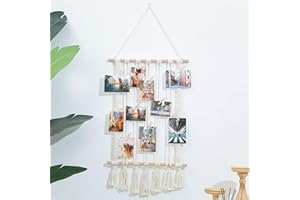 BAOFUYA Macramé para Exhibición de Fotos Colgantes, Juego de Collage de Marco de Soporte de Tarjetas con Clips de Madera para Dormitorio