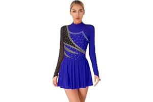TTAO Damen Tanzkleid Eiskunstlauf-Kleid Strass Langarm Mesh Patchwork Ballettanzug Tango Tanz Trikot Kleider Eislaufen Wettkämpfe Bekleidung