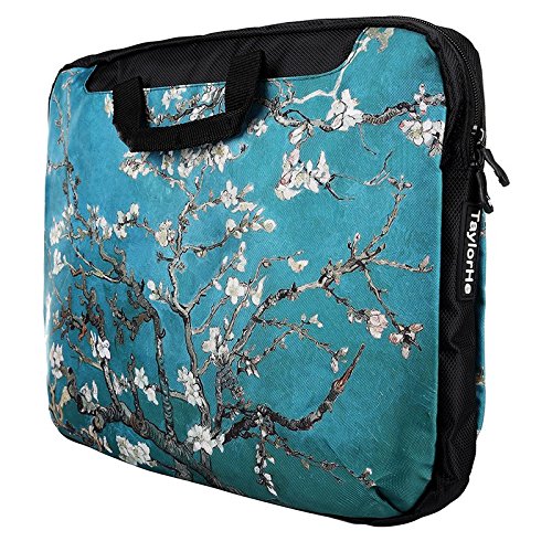 TaylorHe 15 / 15,6 Zoll Notebooktasche, Schultertasche für Notebook mit Muster , Laptoptasche mit Griff und Seitentaschen Laptop Bag blau / grün Blüte Baum - 3