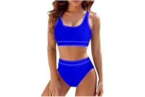 CEWIFO Bikini A Vita Alta da Donna, Costumi Bagno Sportivi Due Pezzi, con Blocchi di Colore Scollo U Patchwork Righe Spiaggia