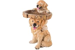 NOENNULL 7 Bird Bath for Outside, Two Playful Golden Retriever Puppies Resin Birdbath Hand Painted All Weather Wood Look Resin Landscape and Garden Accent