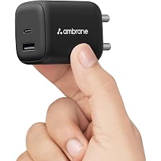 Ambrane 45W Dual Port GaN Charger (USB + Type-C) QC & PD Technology | Super Fast Charging Adapter Compatible with MacBook, Ty