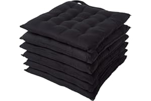 ‎HOMESCAPES Homescapes 6er Set Stuhlkissen 40 x 40 cm, schwarz, Sitzkissen mit Bändern und Knopfverschluss, einfarbige Auflagen für Stühle mit Bezug aus 100% Baumwolle und weicher Polyester-Füllung