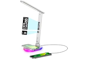 MORWEALTH Lámpara de escritorio LED con 10W carga inalámbrico,Flexo lámparas de mesa regulable táctil con color y 5 niveles de brillo con puerto USB,reloj,luz nocturna de color,LCD para dormitorio,despacho
