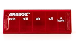 Anabox - Pilulier journalier 5 compartiments - Organisateur de médicaments quotidien Rouge - Cases Matin Midi Soir Nuit + Urgence - Système sécurisé - Lavable lave-vaisselle