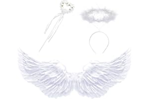 IRWOY 80cm Engelsflügel Kostüm mit Halo Stirnband und Zauberstab: Erwachsene Damen Karneval Weiß Engel Flügel Federflügel Engels Kostüm Teufel Cosplay Party Fasching Kostüme Deko(Weiß)