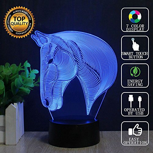 Pferd 3D Optische Illusions-Lampen, FZAI Tolle 7 Farbwechsel Acryl berühren Tabelle Schreibtisch-Nachtlicht mit 150 cm USB-Kabel für Kinder Schlafzimmer Geburtstagsgeschenke