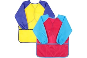 THINP 2 Pack Kids Art Aprons, Kids Art Smock with Long Sleeve and 3 Pockets Waterproof Artist Painting Aprons for Painting Cooking Eating Arts & Crafts Childs Paint Apron for Children Ages 3-8