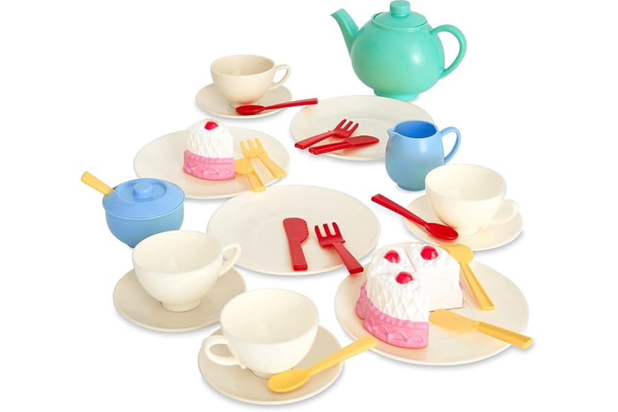 Casdon 33-Piece Tea Set. Colourful Toy Playset with Teapot, Milk Jug, Cups and Saucers, Cake, and More. Suitable for Preschool Toys. Playset for Children Aged 3+, New Colourway