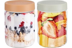 YUEYEE Overnight Oats Container,Microwaveable Overnight Oats Jar for Meal Prep,Storage,Pickling,2 Pack 600ml Multi Purpose Glass Jars with Lids Preserving Fruit Salad Yogurt Chutney Jam