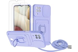 Zallagre Handykette Hülle kompatibel mit Samsung Galaxy A12/M12.[2 Stück] Schutzfolie Glas,Kameraschutz,360 Grad Ringhalter Stand,Kartenfach,Silikon hülle-Lila