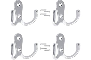 EXGOX 4 Pcs Double Prong Robe Hooks, Dual Coat Hooks Wall Mounted Hanging Clothes for Bathroom Bedroom Door Wall Retro Metal Cloth Hanger Double Coat Hooks with 8 Screws (Sliver)…