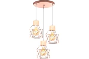 iDEGU 3 Luci Lampadario a Sospensione Vintage E27 Plafoniera Industriale in Legno Metallo Gabbia Lampada da Soffitto Retrò Lampade a Sospensione per Cucina Salotto Cameretta (Oro Rosa, Legno, Rotonda)