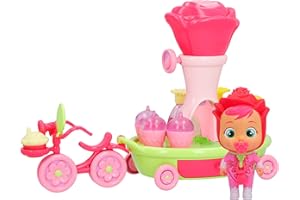 CRY BABIES MAGIC TEARS Happy Flowers - Le vélo chariot de Rose | Playset, poupée exclusive, Rose et 17 accessoires pour faire semblant de créer des parfums | Jouet pour garçons et filles de +3 ans