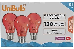 Unibulb Fireglow Red Light Bulbs, 60W, GLS BC B22 Bayonet, 1000K Candlelight, Dimmable, Pack of 3