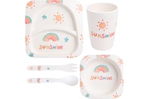 POLKA TOTS Eco Friendly Bamboo Fiber Dinner Set, 5 Pcs Tableware Crockery Set for Weaning Toddler & Self Feeding Baby Utensil