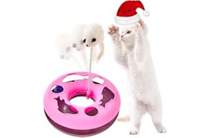 BOUMOUR Interaktives Katzenspielzeug 2-in-1 Spielzeug mit Maus，Katzen Rotierende Teaser Feder und Ball (Pink)
