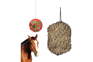 WoYous 2 Stuck Pferde Leckerli-Ball Und Heunetz Für Pferde-Set, Hängende Heu-futtertasche Mit Löchern Können Das Füttern Verlangsamen, Pferde-futterball-Spielzeug Für Pferde, Ziegen, Schafe, (rot)