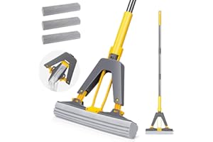 MASTERTOP Bodenwischer,Schwamm Wischmop Set mit 3 PVA Schwamm Kopfe,Saugfähig Schwamm Mop,Wischmopp mit Auswringfunktion für Reinigung Fliesen,Laminat,Hartholz, Marmorboden