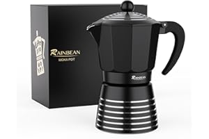RAINBEAN Moka Pot 6 Cup Set Espresso Maker, Steam Italian Stovetop Coffee Makers Percolator, Aluminum Ripple Ring Design, Easy To Use & Clean,Black