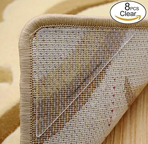 Rug Grippers System, Reusable Rubber Anti skid Pad (8 PCS) and Strong Sticky Double Sided Carpet Tape (8 PCS) by Yesreal (8PCS, Clear)