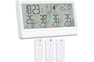 SKYBOBMY Station Météo Sans Fil Avec 3 Capteurs, Thermomètre Hygromètre Baromètre Intérieur Extérieur, Écran LED 8,5' Prévisions Météo Température Humidité Horloge Numérique Alarme Snooze Affichage De L'Heure