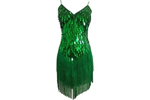 GROUPTAP Womens Flapper Gatsby Sequin Tassel Ballroom Dance Sling Skirt Latin Salsa Samba Rumba Dress (UK Women 4/6/8/10) (Green)