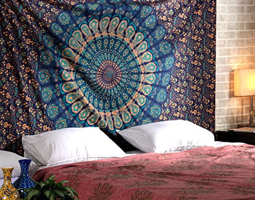 Blue Tapestry Wall Hanging Tapicería de la mandala del Hippie Gift Tapestries floral de la Tapiz bohemian Boho Dorm Room Divider Home decoration que cuelga Tablecloth Beach Throw Blanket By Rajrang
