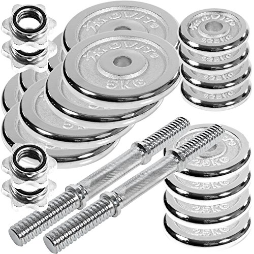 MOVIT® Chrom Gusseisen Kurzhantel 2er Set, Varianten 30kg, 40kg, 50kg, 60kg, gerändelt mit Sternverschlüssen Chrom-Hantel-Set - 5