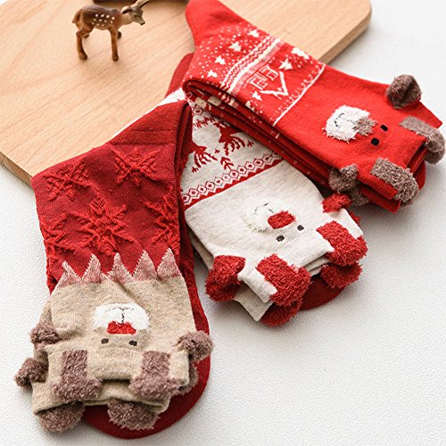 semen 3 Paar Warm Weihnachten Socken Winter Damen Baumwoll Weich Elastisch Christmas stockings Rot und Weiß