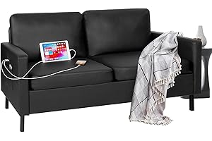 ‎GRAVFORCE GRAVFORCE Sofa 2 Sitzer mit 2 Ladeports und Seitentasche, Klein Couch 143cm Cloudserie Gemütliches für Jugendzimmer Wohnung Wohnzimmer Büro Couch aus Holz (Kunsleder, Schwarz, Sofa)