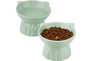 MEETOZ Ceramic Elevated Cat Bowls, 2 Extra Wide Raised Cat Bowl for Food and Water, Shallow cat Food Dish Whisker Friendly, Anti Vomit Cat Bowls Microwave and Dishwasher Safe, Great Height (Green)