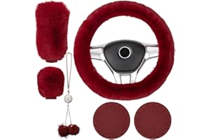 Crevyteg 6 Stück Flauschige Lenkradabdeckung, Plüsch Winter Auto Lenkradbezug, Elastisch Lenkrad Schutzhülle Abdeckung Auto Zubehör mit Handbremsabdeckung Plüsch-Schlüsselanhänger - Weinrot