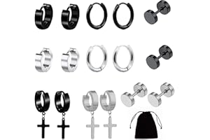 ZNGOU 8 Pairs Mens Earrings Black And Silver Stainless Steel Stud Earrings Small Steel Cross Dangle Hinged Hoop Earrings Huggies Cartilage Hoop Earrings Hip Hop Screw Earrings Circular Earrings Piercing