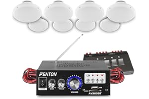 eAudio Bluetooth Ceiling Speaker System with Amplifier FM Radio and MP3 USB for Home Hi-Fi Cafe Restaurant Shop Installation (Eight Speakers with Switch Box)