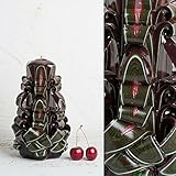 Mittel, Braun mit grünen, roten, weißen und braunen Streifen - dekorativ geschnitzte Kerze - EveCandles